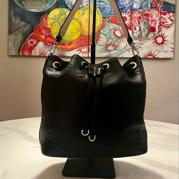 Authentic MCM Essential Monogram Leather Drawstring Bucket Bag + COA - Picture 2 of 16